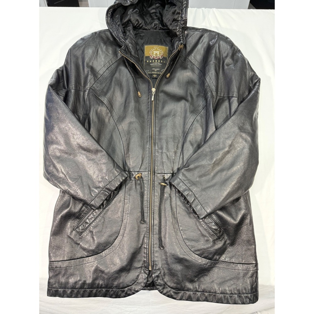 Vintage 90s Express Avenue de l'Opera Leather Hooded Parka Jacket Medium Black